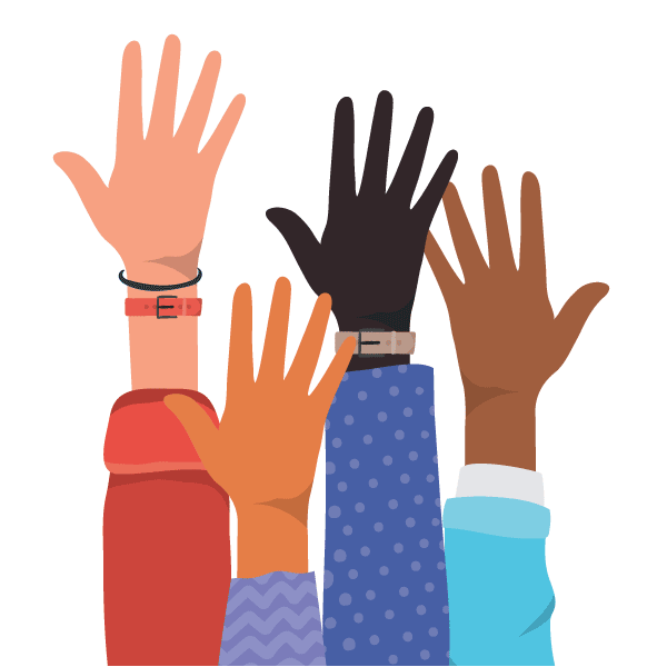 An illustration of a multicultural mix of people raising their hand.